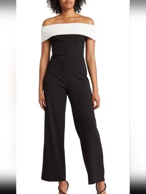 MARINA Off-Shoulder Two-Tone Wide-Leg Jumpsuit - Black & White
